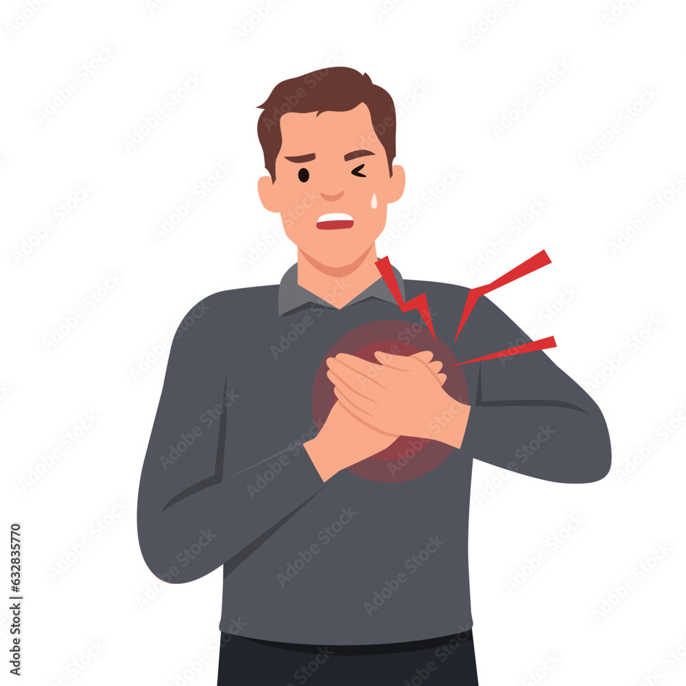 Man feel chest pain. Heart attack or symptoms of heart disease. Idea of health danger and sickness. Flat vector illustration isolated on white background Man feel chest pain. Heart attack or symptoms of heart disease. Idea of health danger and sickness. Flat vector illustration isolated on white background