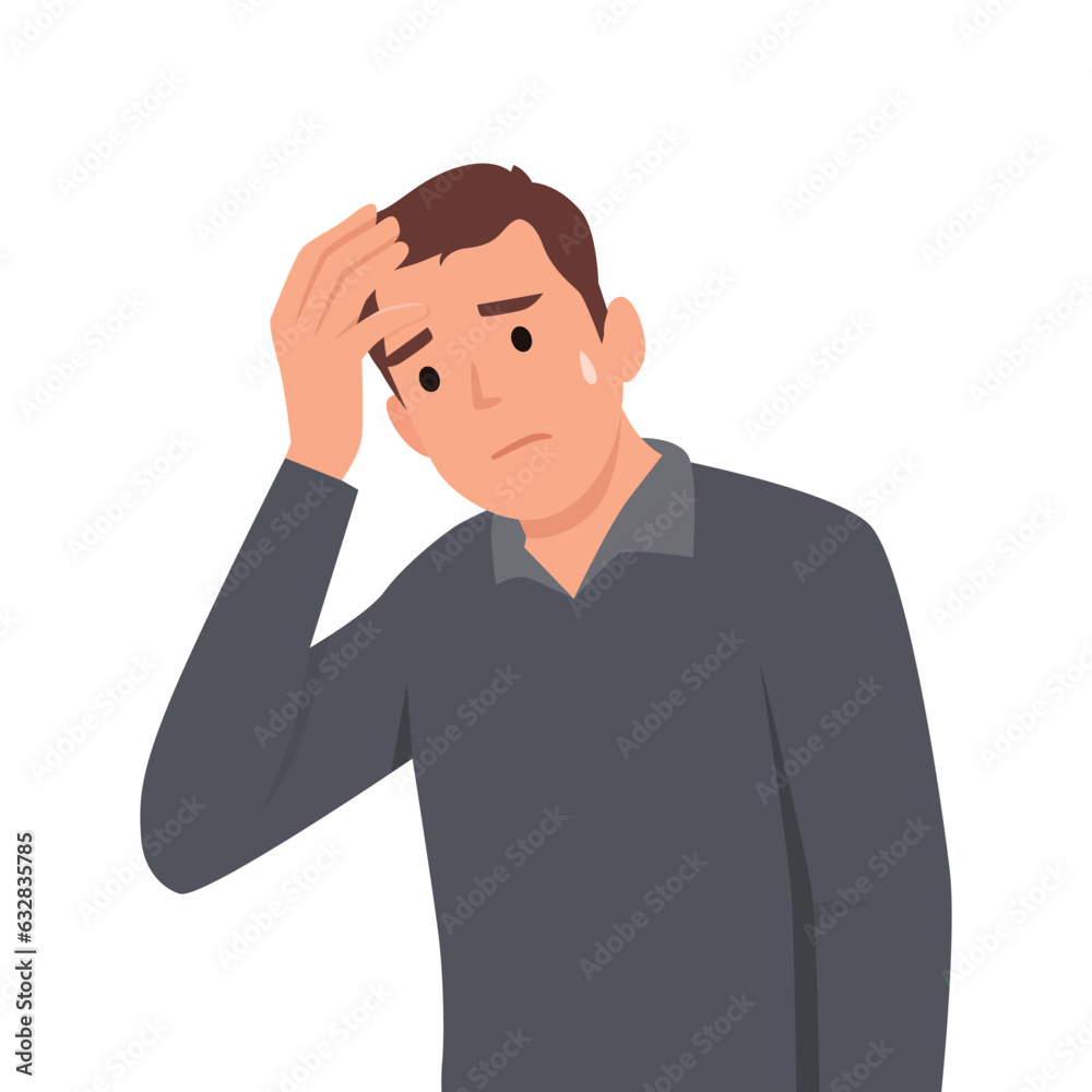 Frustrated man holding hand on head. Unhappy person squeezing forehead. Headache or migraine. Flat vector illustration isolated on white background Frustrated man holding hand on head. Unhappy person squeezing forehead. Headache or migraine. Flat vector illustration isolated on white background