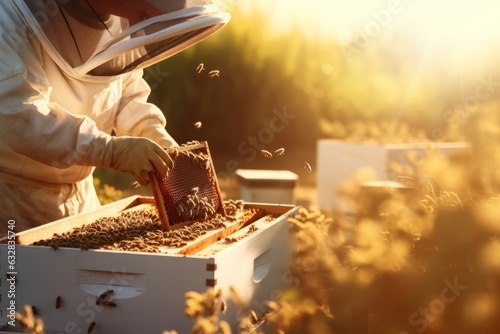 Beekeeper is working with bees in apiary photo
