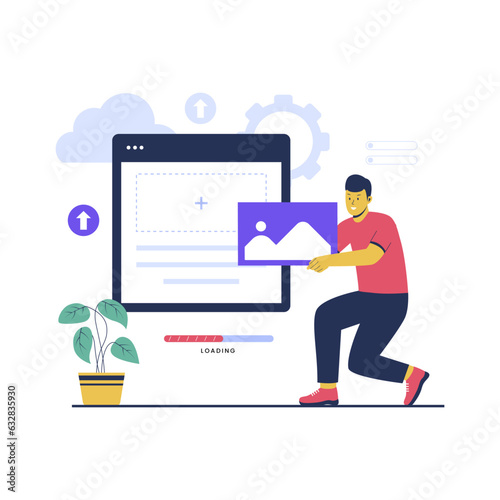 Concept illustration of image upload technology. Flat vector illustration isolated on white background