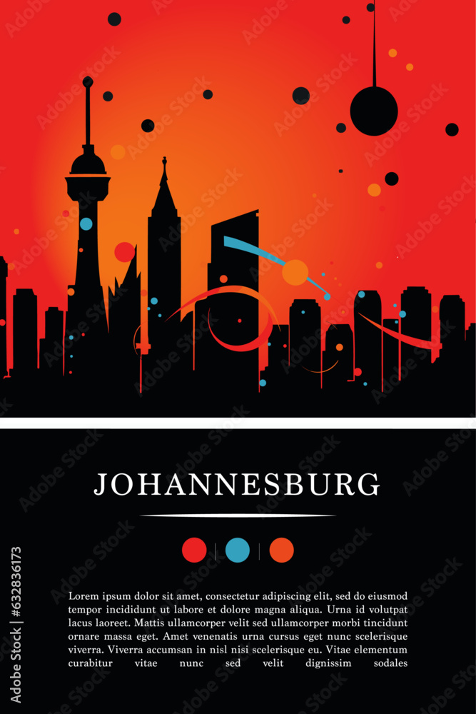 Naklejka premium South Africa Johannesburg city poster with abstract shapes of skyline, cityscape, landmarks and attractions. African travel vector illustration for brochure, website, page, business presentation