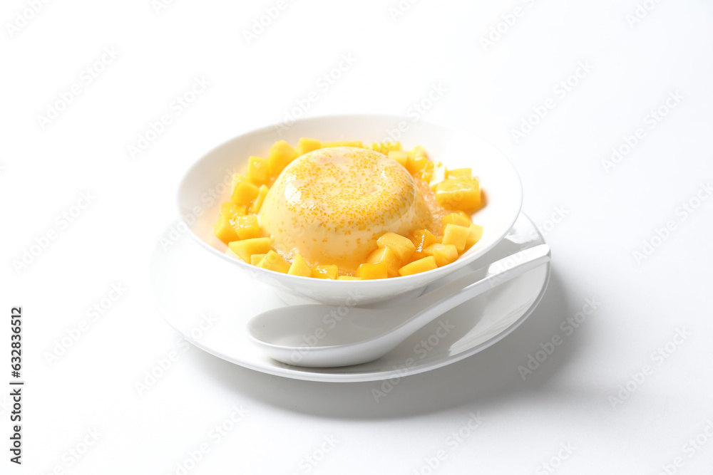 chilled mango sago fruit with pomelo and soya pudding jelly in white bowl on clean background sweet dessert pastry menu for Hong Kong cafe chilled mango sago fruit with pomelo and soya pudding jelly in white bowl on clean background sweet dessert pastry menu for Hong Kong cafe