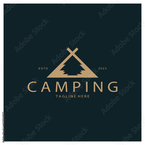 vintage and retro tent logo, camping. With tent, tree and bonfire sign. adventurers, scouts, climbers, camping equipment center © Tomi43