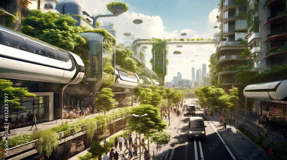 City buildings have been transformed into thriving green space with rooftop gardens and energy efficient upgrades. The concept of future  sustainable architecture. Generative AI