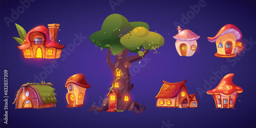 Set of cute fairytale houses at night isolated on background. Vector cartoon illustration of fantasy tree, stone and mushroom huts with wooden door, porch and illuminated windows. Forest dwarf home