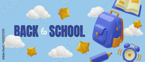 3D Back to School Horizontal Banner or Background with blue toy plastic three dimensional backpack, alarm clock, pen, book, cartoon clouds and golden leaves flying in the sky.