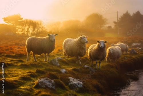 Galway Sheep Roaming in Morning's Glow © AIproduction