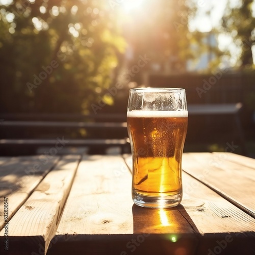 Golden beer on a wooden table against the backdrop of trees and the breaking sun on a holiday day. Generative ai