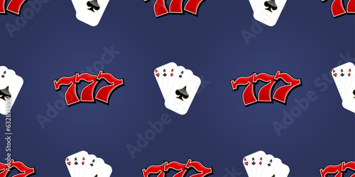777 and four aces. Wallpaper with a line of slot machines and aces cards.