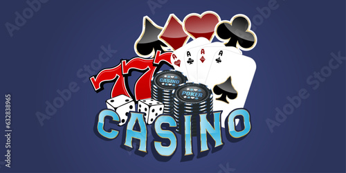 A collage of dice, cards, suits, three sevens, "Casino", "Poker" chips. The inscription below "Casino".