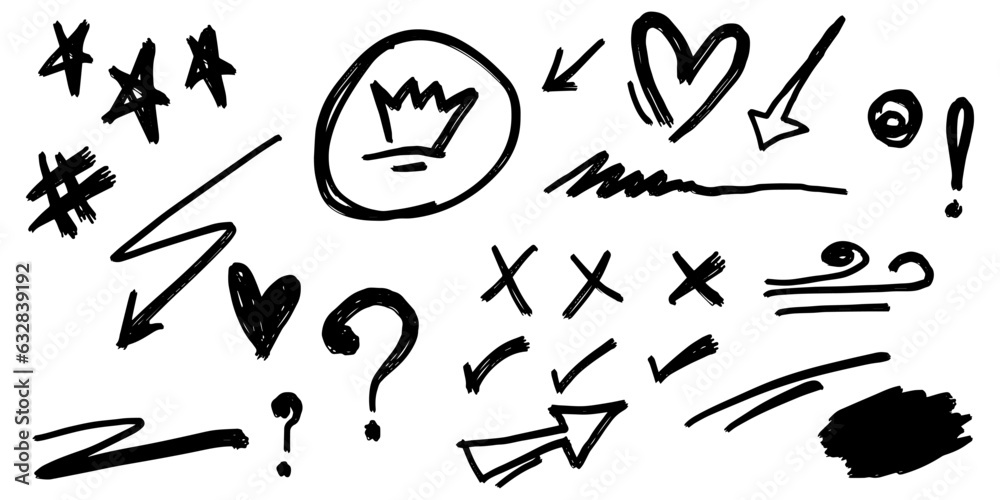 Hand drawn set of doodle elements. check mark, swoops, swirl, arrow, heart, crown, star, sun burst, firework, highlight text and emphasis element. vector illustration