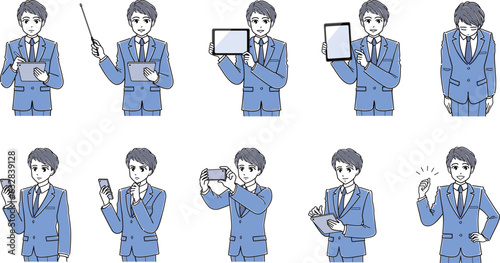 タブレット端末等を使うスーツの若い男性セット（上半身・シンプル）