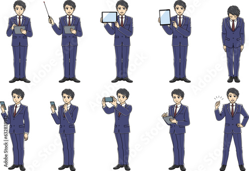 タブレット端末等を使うスーツの若い男性セット（全身）
