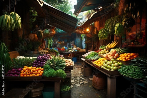 Visualize a vibrant colorful street market filled © Yzid ART