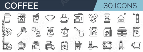 Set of 30 outline icons related to coffee. Linear icon collection. Editable stroke. Vector illustration