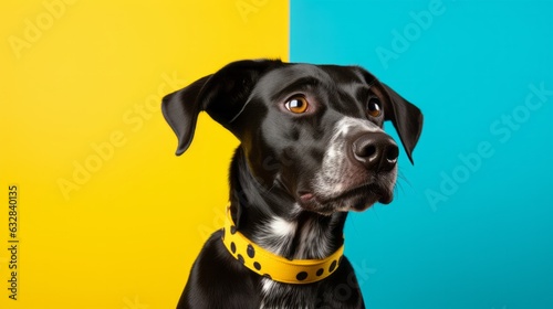 Photo of a black and white dog with a yellow collar created with Generative AI technology photo
