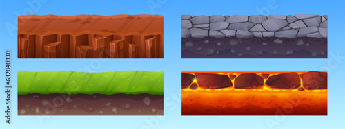 Set of seamless ground layers for game level interface. Vector cartoon illustration of mountain stone road, green grass on soil, dry desert land, hot lava texture, underground pattern. Adventure gui