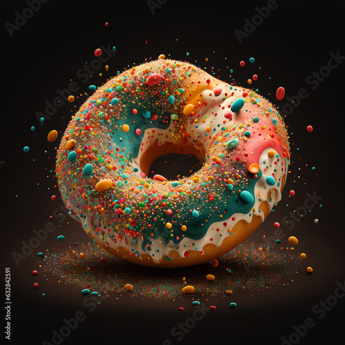 Cute, colorful and glossy donut with colorful glaze and multicolored decoration. Donut on black background.
