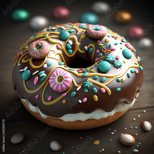 Cute, colorful and glossy donut with colorful glaze and multicolored decoration.