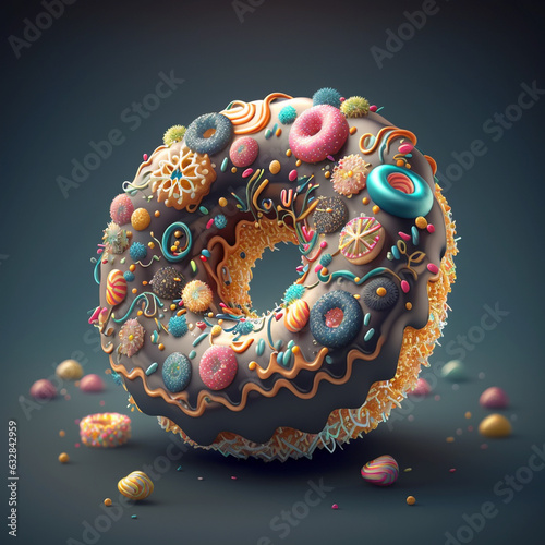 Cute, colorful and glossy donut with colorful glaze and multicolored decoration. Donut on dark background.