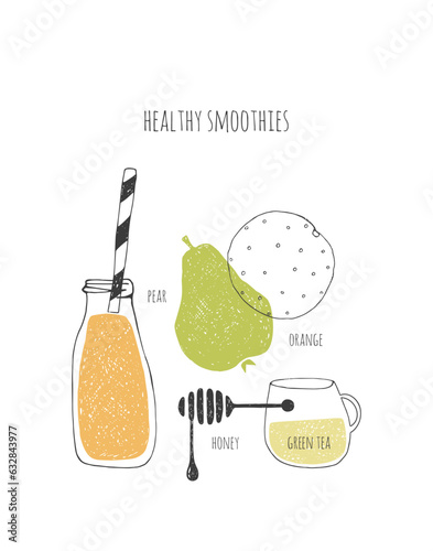  Hand drawn healthy smoothie recipe. Doodle pear, orange, honey, green tea.
