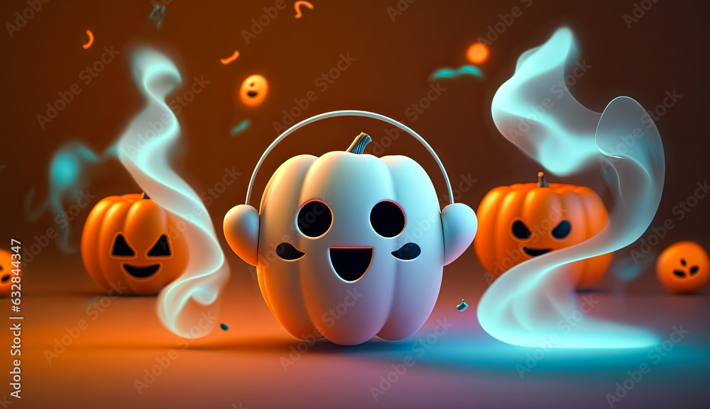 Naklejka premium Illustration of fairy pumpkin ghost in headphones. Halloween concept