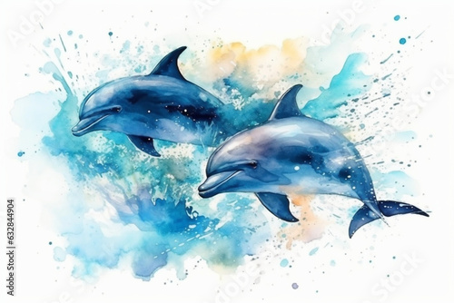 Playful dolphins swimming underwater, Animals Watercolor, 