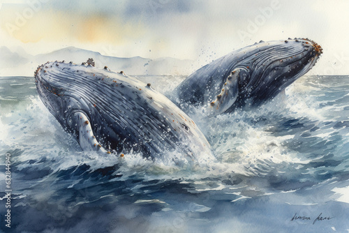 Majestic humpback whales breaching the surface, Animals Watercolor,  © Nati