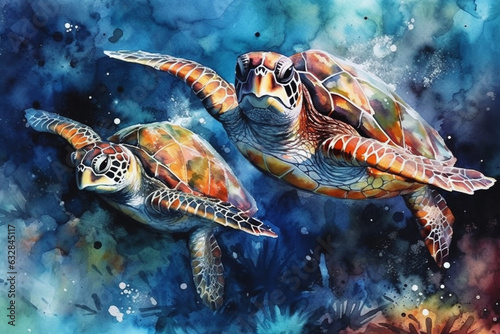 Curious sea turtles exploring a vibrant underwater world  Animals Watercolor  