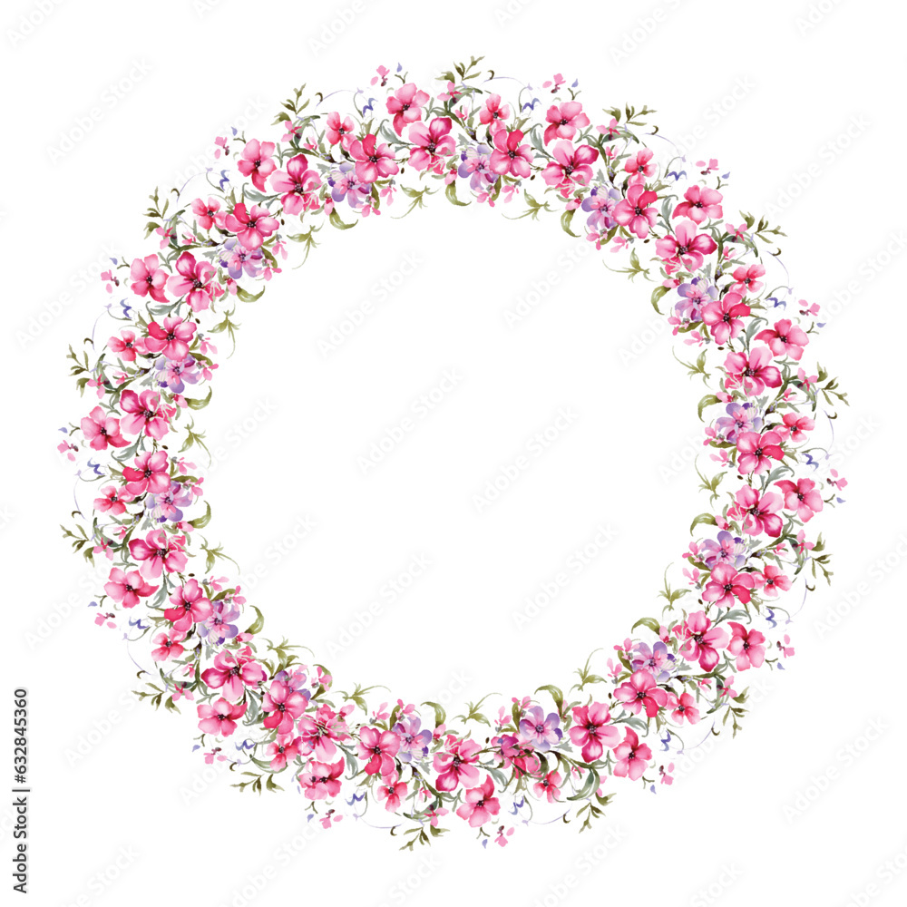 Wreath with colorful flowers, leaves and branches in vintage watercolor style. Vector circle frame