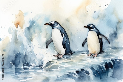 Agile penguins sliding on icebergs  Animals Watercolor  