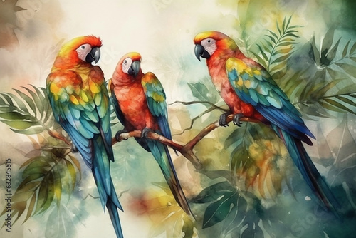 Vibrant parrots perched on tropical branches, Animals Watercolor,  © Nati