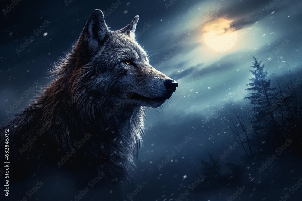 Fototapeta wolf howling by full moon
