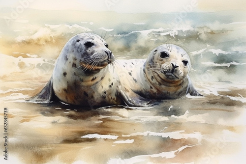 Cute seals basking on a sunlit beach, Animals Watercolor, 