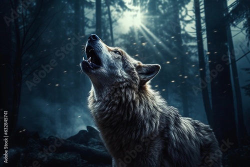 wolf howling by full moon Fototapeta