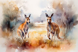Playful kangaroos hopping through an Australian landscape, Animals Watercolor, 