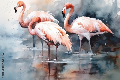 Graceful flamingos standing in a shallow pond  Animals Watercolor  