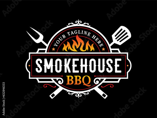 Barbecue smokehouse bbq barbeque bar and grill logo design with fork and fire