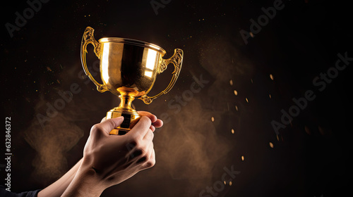 Man holding up a gold trophy cup with abstract shiny background