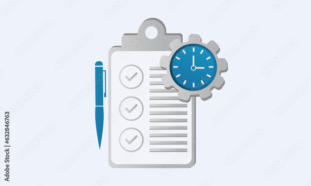 work done for a certain time icon, checklist and gear with time.on white background.Vector Design Illustration. work done for a certain time icon, checklist and gear with time.on white background.Vector Design Illustration.