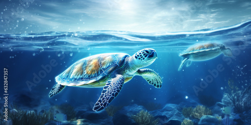 sea turtle with a group of colorful fish and colorful corals underwater in the ocean. Generative AI