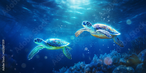 sea turtle with a group of colorful fish and colorful corals underwater in the ocean. Generative AI © Katrin_Primak