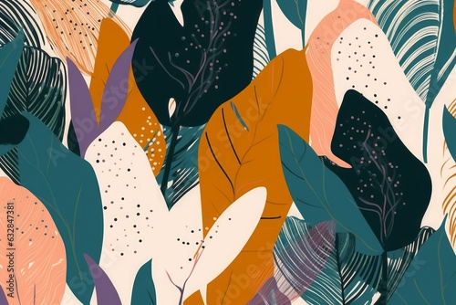 Modern exotic jungle plants illustration pattern. Creative collage contemporary seamless pattern. Fashionable template for design, Generative AI