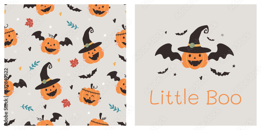Halloween seamless pattern with cute pumpkin and bat. Text 