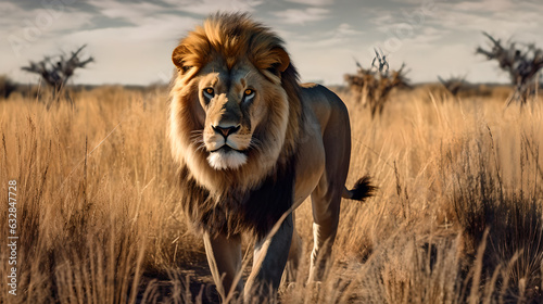 Stunning male lion standing in the savannah and looking toward camera