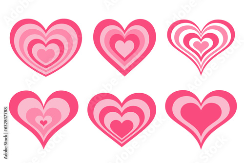 Y2k pink hearts. Groovy girly retro shapes. Aesthetic trendy design elements. Set of Valentine abstract stickers. Vector collection