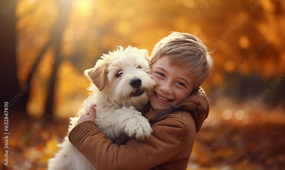 lachender Junge spielt und kuschelt mit seinen Hund Stock Photo Adobe Stock