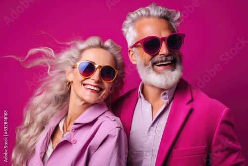Happy Couple of mature people in sunglasses enjoying and having fun in vacations on magenta background , copy space, ai generative © mariof