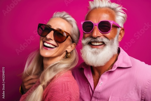 Happy Couple of mature people in sunglasses enjoying and having fun in vacations on pinkbackground , copy space, ai generative
