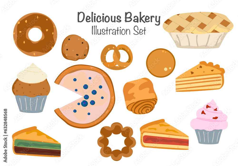 Sweet bakery bread Fresh bread and pastries. Delicious. Vector illustration isolated on a white background.